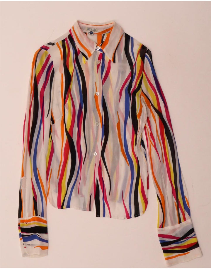 Camicetta da donna vintage trasparente a camicia UK 10 piccola a righe multicolore