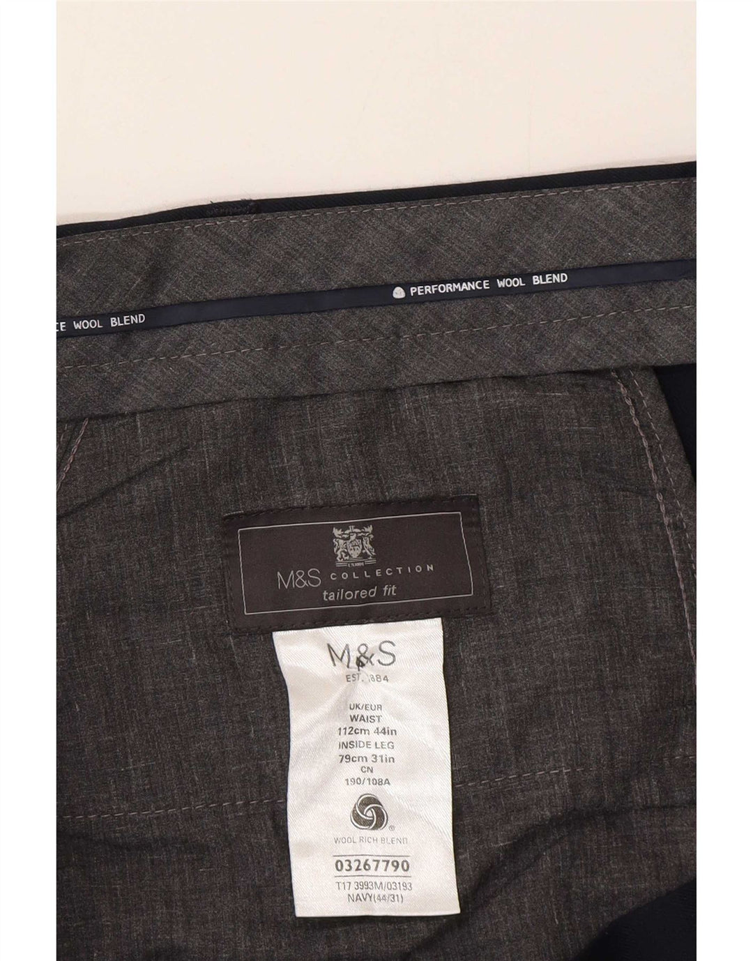 Pantaloni da abito su misura da uomo Marks & Spencer W44 L31 lana blu navy