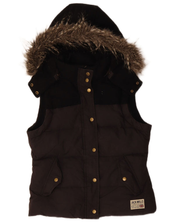 JACK WILLS Gilet imbottito con cappuccio da donna UK 12 Medium Nero Colourblock