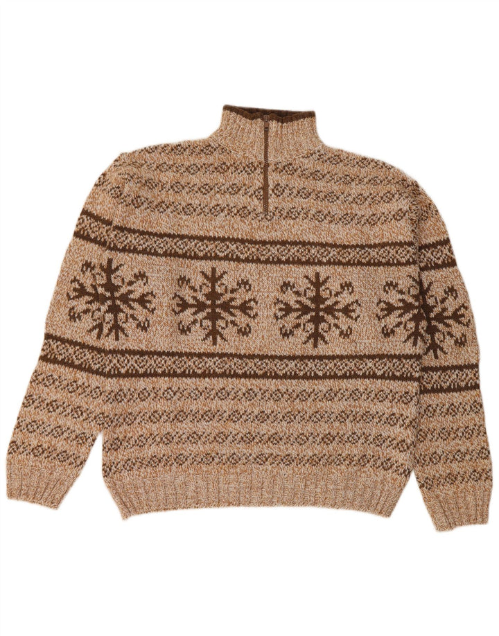 Maglione vintage da uomo con zip e collo in acrilico Fair Isle marrone medio