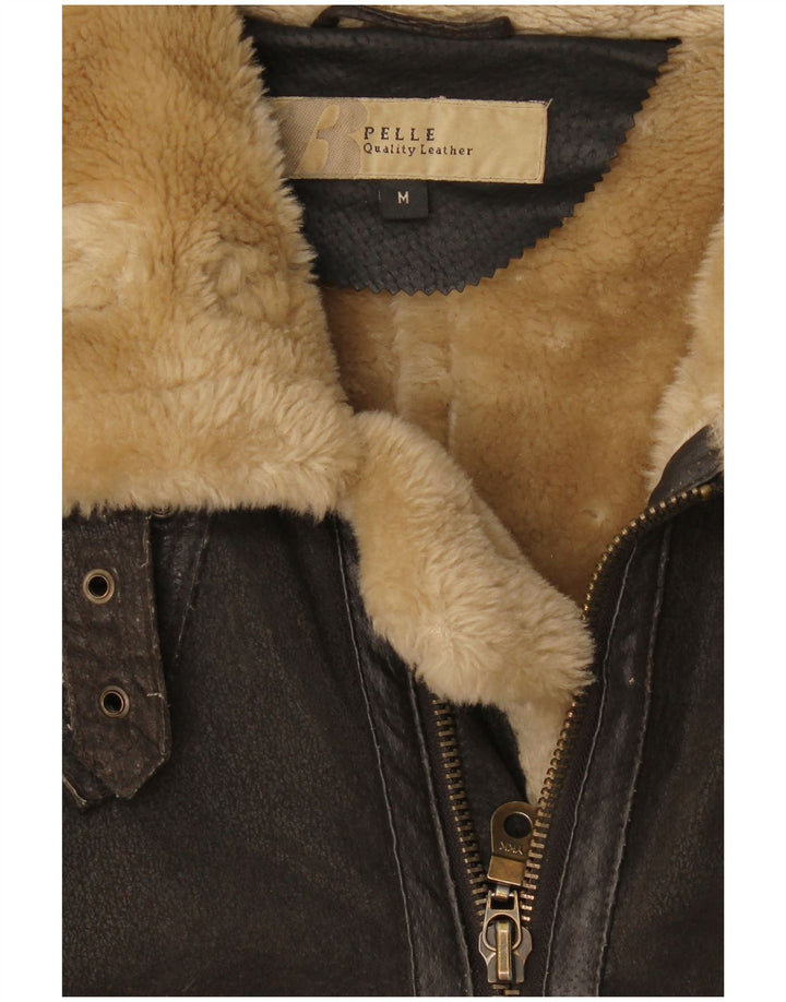 Giacca in shearling in pelle da uomo Bata UK 38 Pelle marrone medio