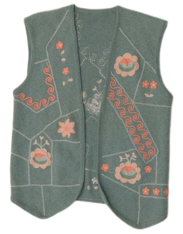 Gilet OPEN lavorato a maglia da donna vintage UK 12 Cashmere floreale turchese medio