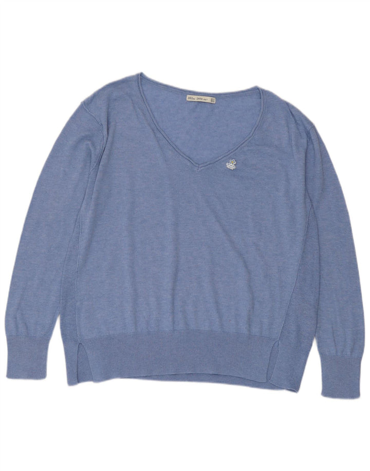 Maglione maglione con scollo a V da donna Zara UK 14 Poliestere blu medio