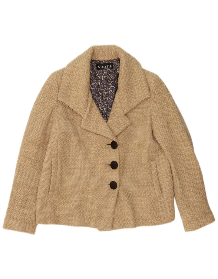 Notizie Giacca Blazer 3 Bottoni Donna UK 12 Lana Vergine Beige Medio