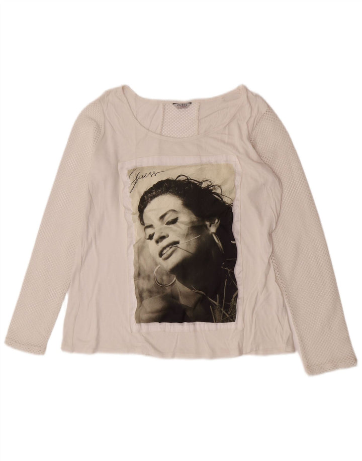 Guess Maglietta grafica da donna a maniche lunghe UK 14 Medio Bianco