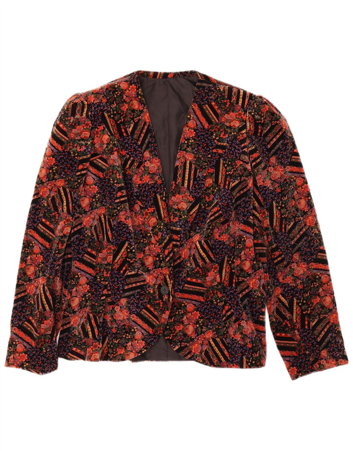 Giacca blazer in velluto da donna a 1 bottone VINTAGE UK 14 rosso medio floreale