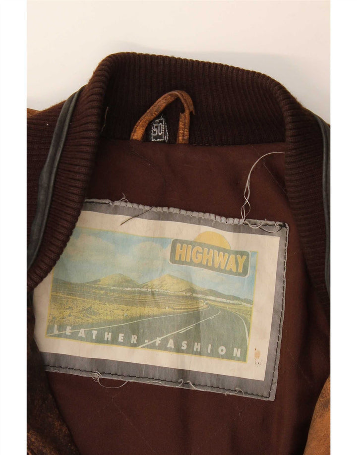 Giacca in pelle vintage da uomo IT 50 grande in pelle marrone geometrica