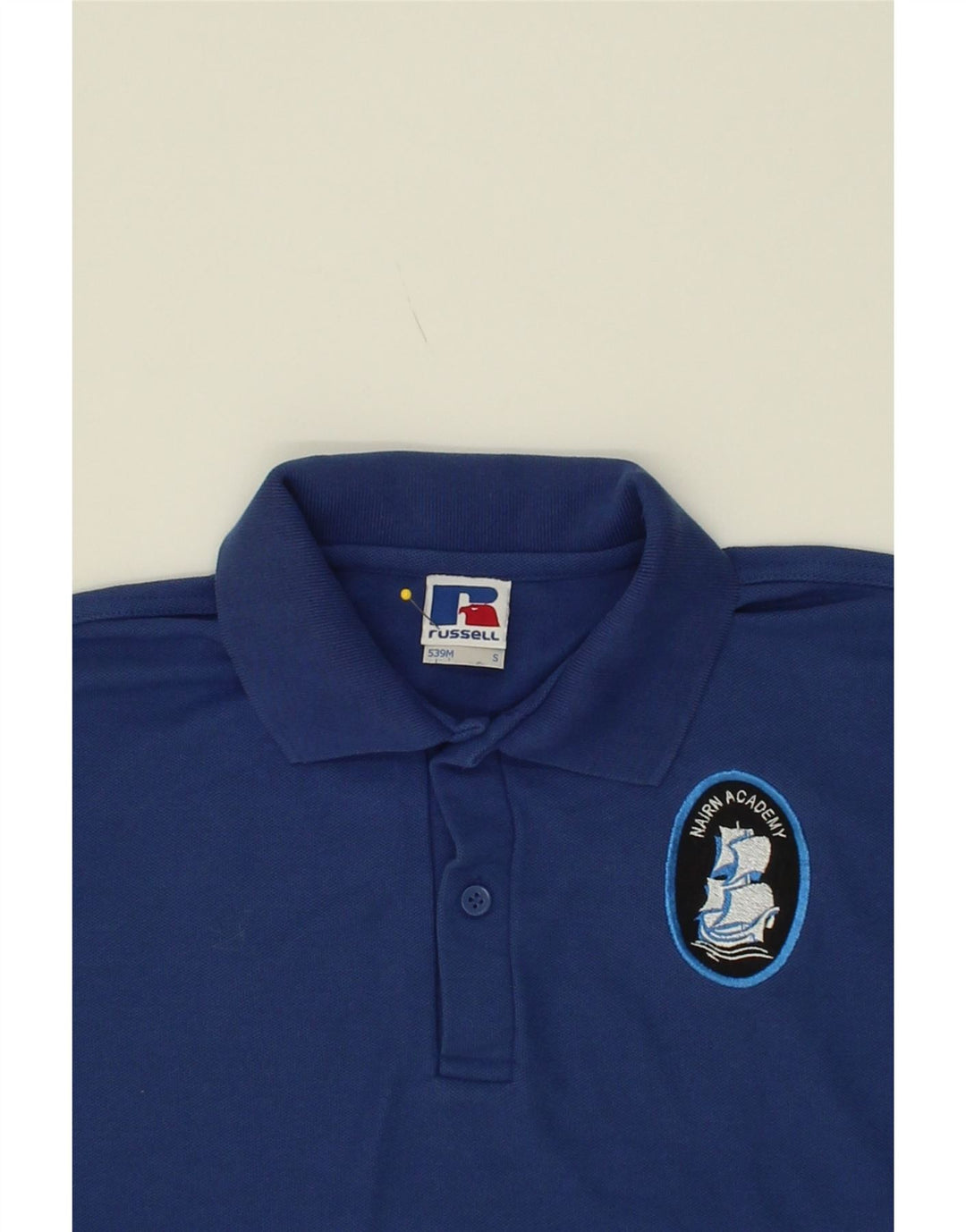 RUSSELL ATHLETIC Mens Graphic Polo Shirt Small Navy Blue Cotton Vintage Russell Athletic and Second-Hand Russell Athletic from Messina Hembry 
