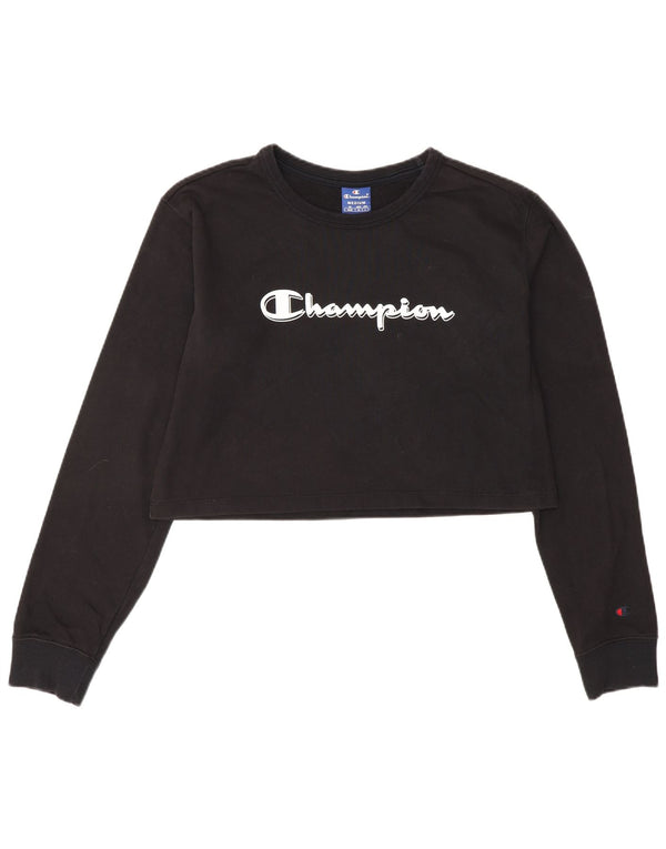 CHAMPION Top corto con grafica da donna manica lunga UK 12 cotone nero medio
