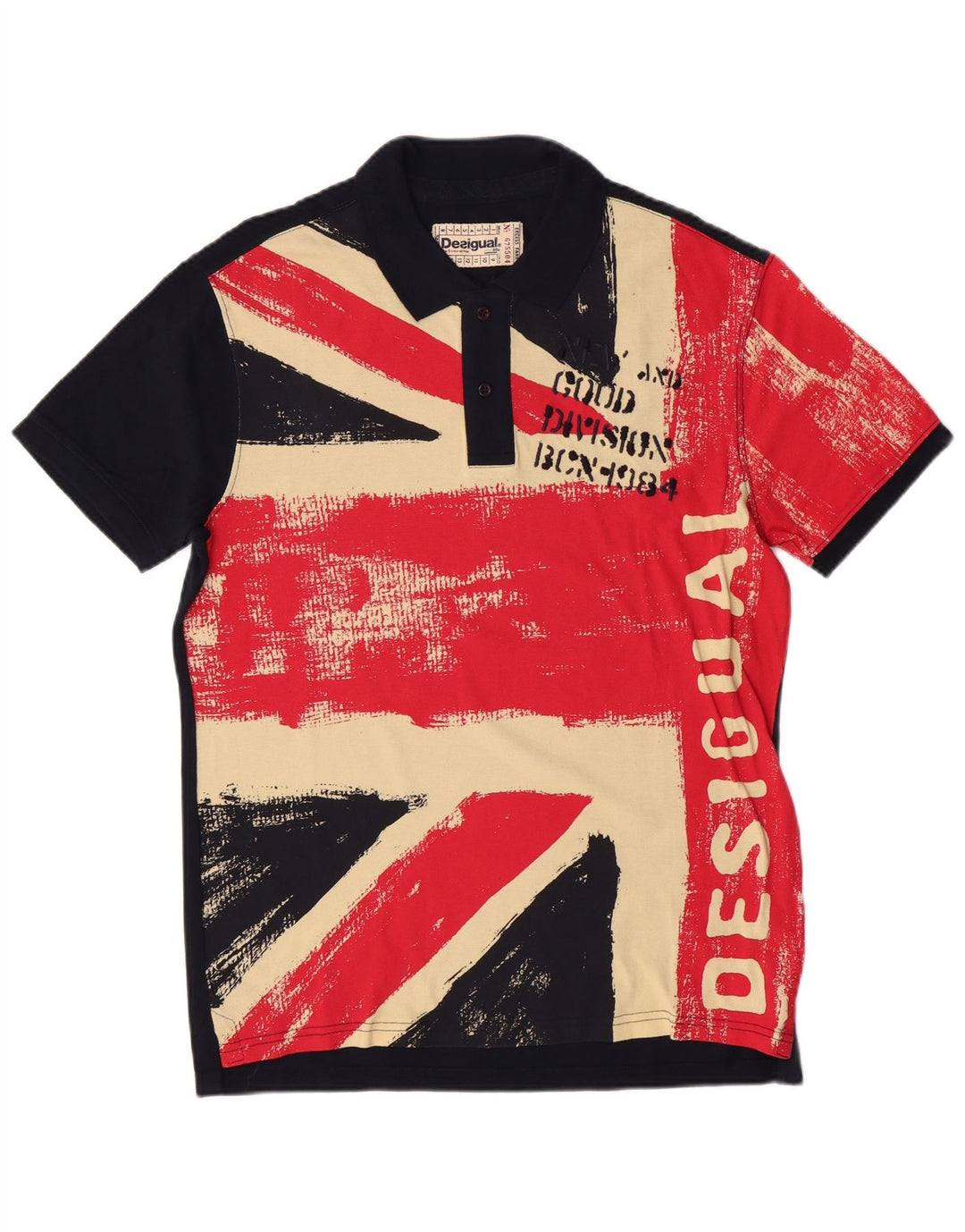 DESIGUAL Polo grafica da uomo grande in cotone color block blu navy