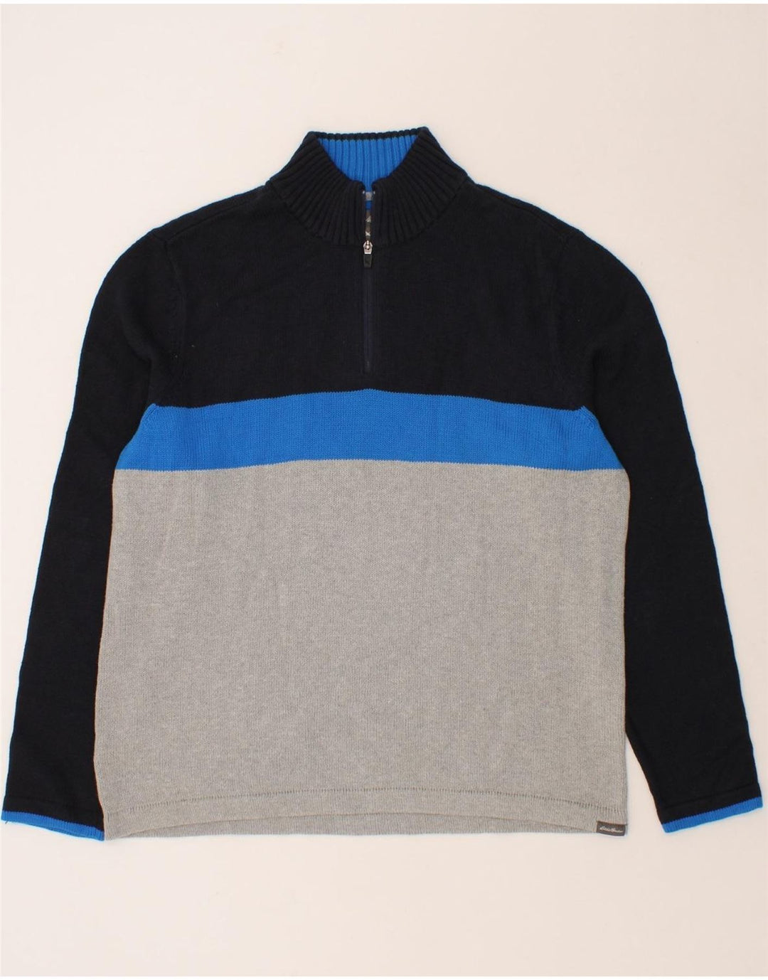 EDDIE BAUER Mens Zip Neck Jumper Sweater Large Navy Blue Colourblock Vintage Eddie Bauer and Second-Hand Eddie Bauer from Messina Hembry 