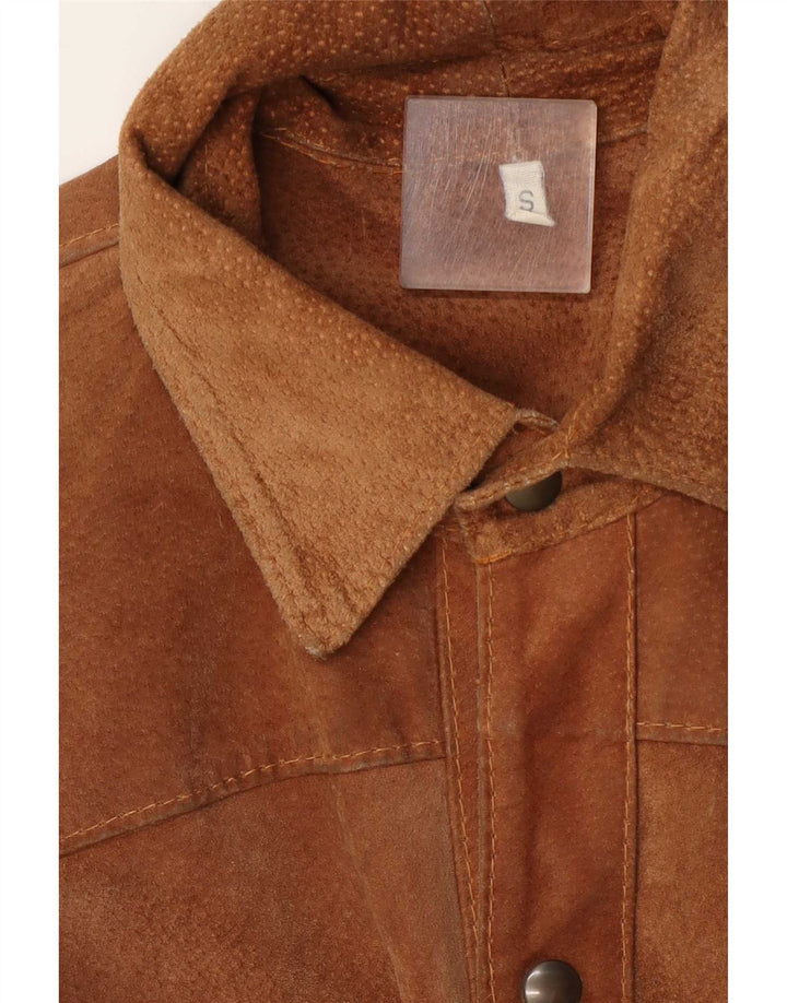 Camicia vintage da uomo in pelle scamosciata piccola marrone