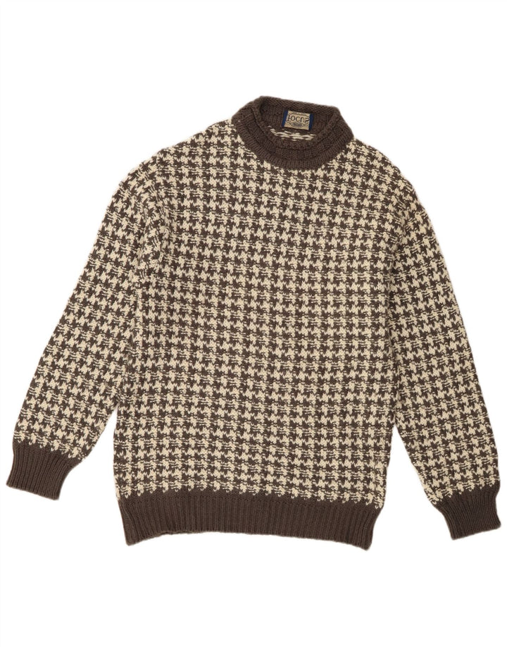Maglione maglione girocollo da uomo vintage XS in lana pied de poule grigia
