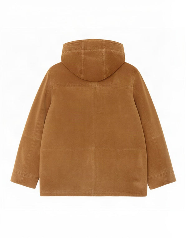 Soprabito vintage da uomo in pelle scamosciata con cappuccio IT 50 grande in pelle beige