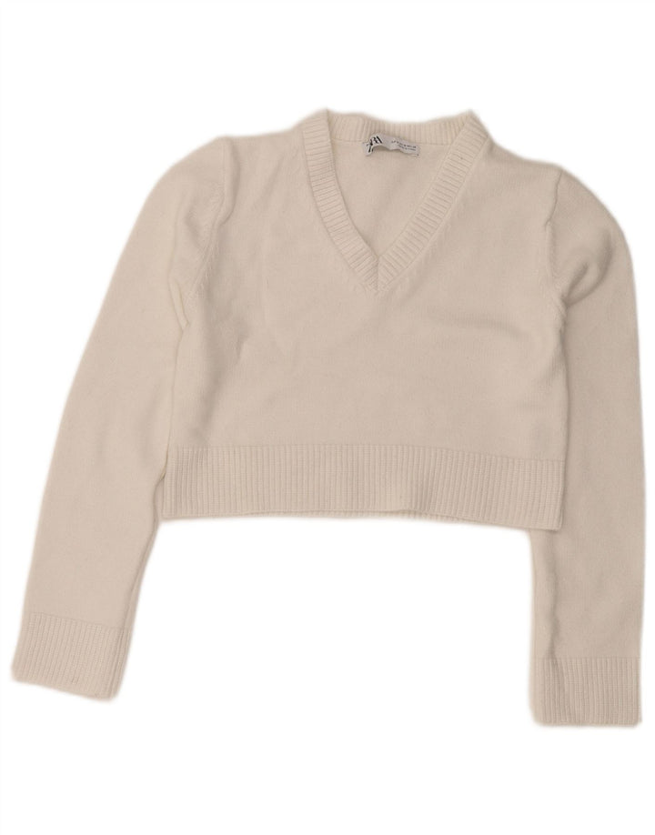 Maglione corto con scollo a V da donna Zara UK 12 Viscosa bianca media