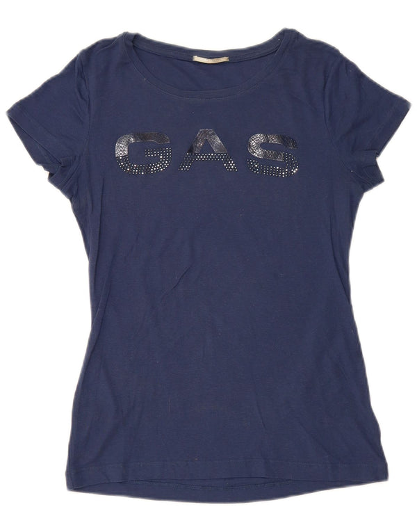 T-shirt grafica da donna Gas Top UK 12 cotone medio blu navy