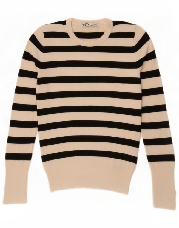 Zara Womens Crew Neck Jumper Sweater UK 10 Small White Striped Viscose