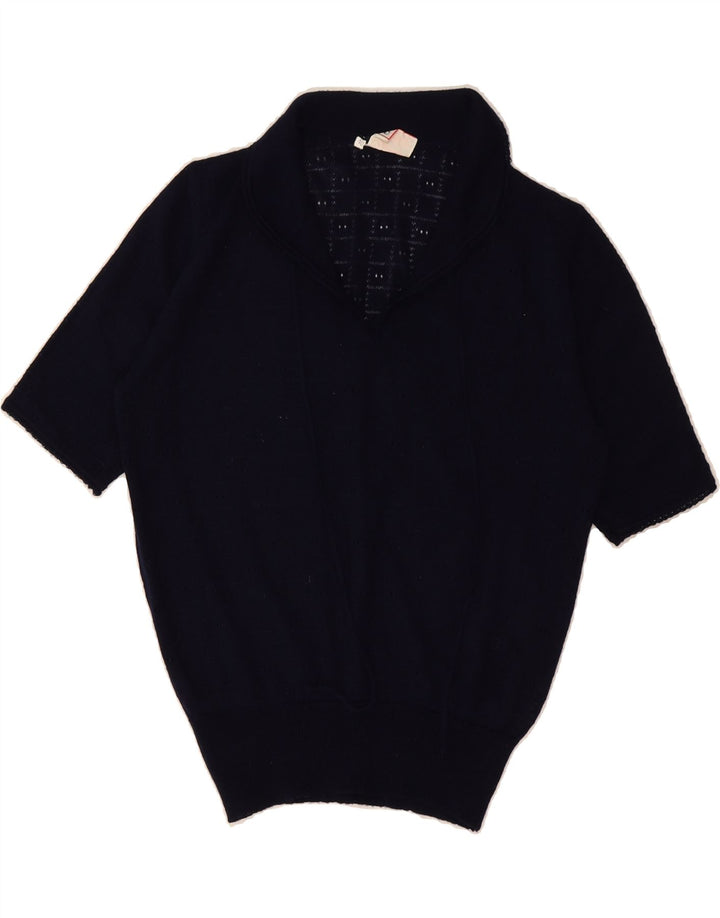 VINTAGE Womens Shawl Neck Jumper Sweater IT 46 Large Navy Blue Vintage Vintage and Second-Hand Vintage from Messina Hembry 