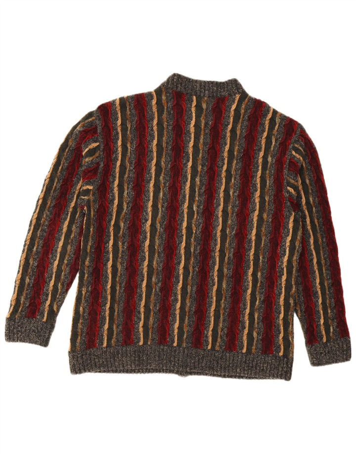 Maglione cardigan vintage da uomo in lana a righe grigie grandi