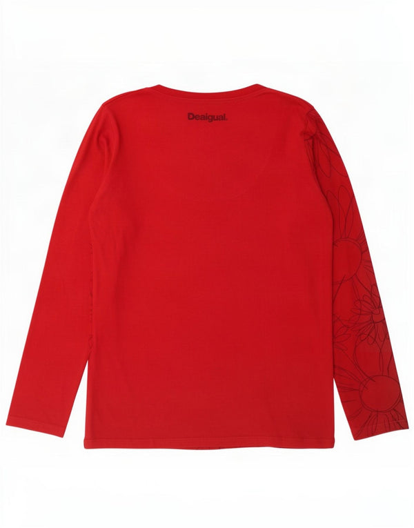 Desigual Donna Graphic Top Manica Lunga UK 14 Grande Rosso Floreale Cotone