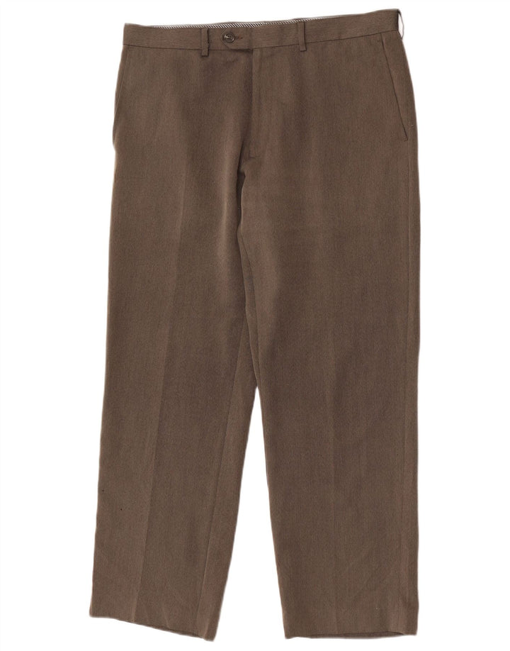 Pantaloni da abito dritti da uomo Marks & Spencer W34 L29 Marrone a spina di pesce