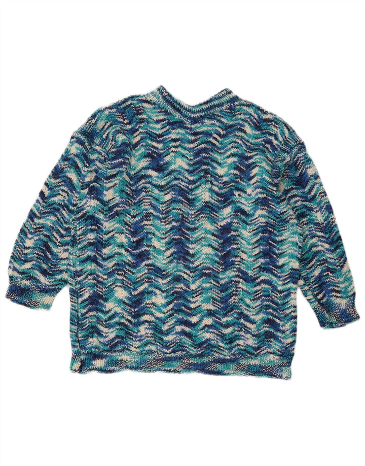 Maglione maglione girocollo da donna vintage UK 14 Blu medio geometrico