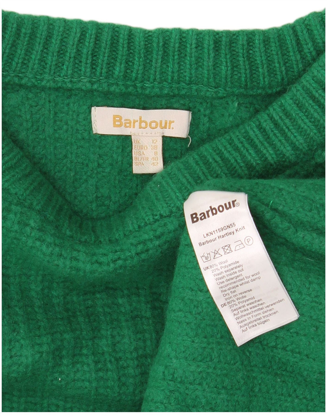 BARBOUR Maglione corto con scollo a barca da donna UK 12 Lana verde medio