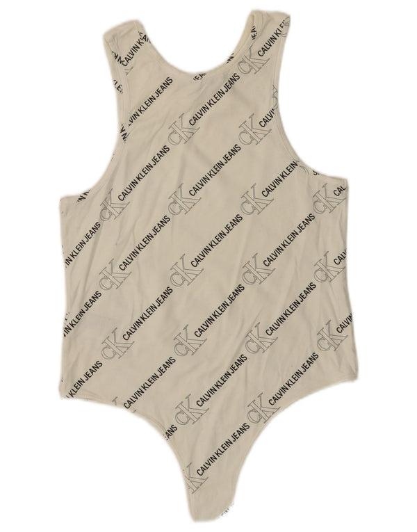 CALVIN KLEIN JEANS Body senza maniche con grafica da donna UK 14 Large Bianco