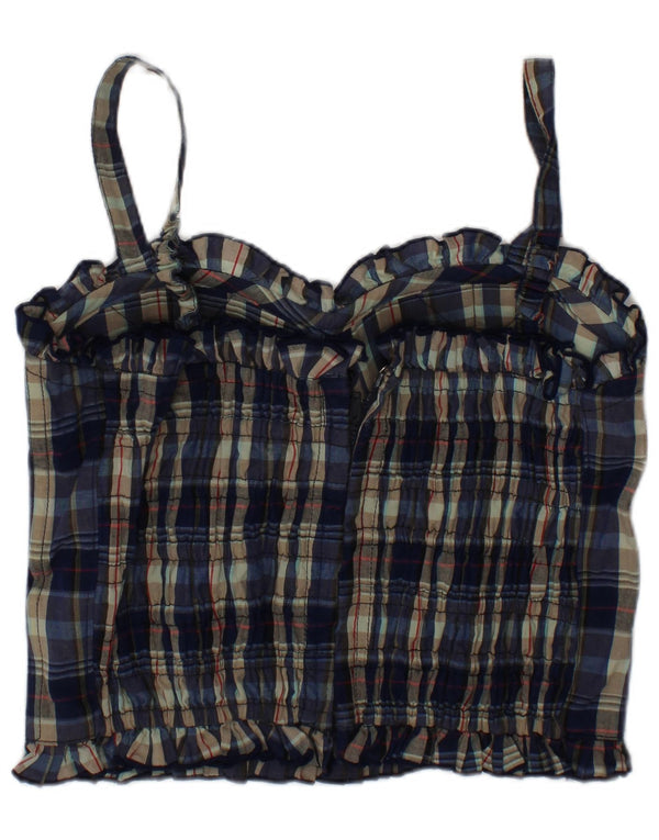 Top corsetto vintage da donna piccolo in cotone a quadri blu navy, bohémien