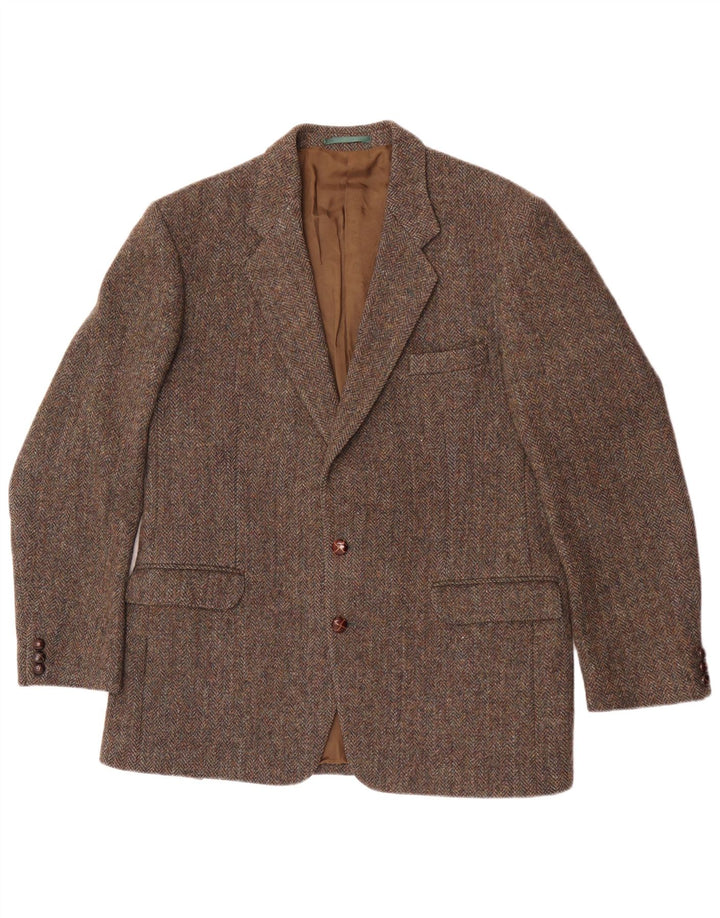 Giacca blazer da uomo a 2 bottoni Harris Tweed UK 40 grande lana a spina di pesce marrone