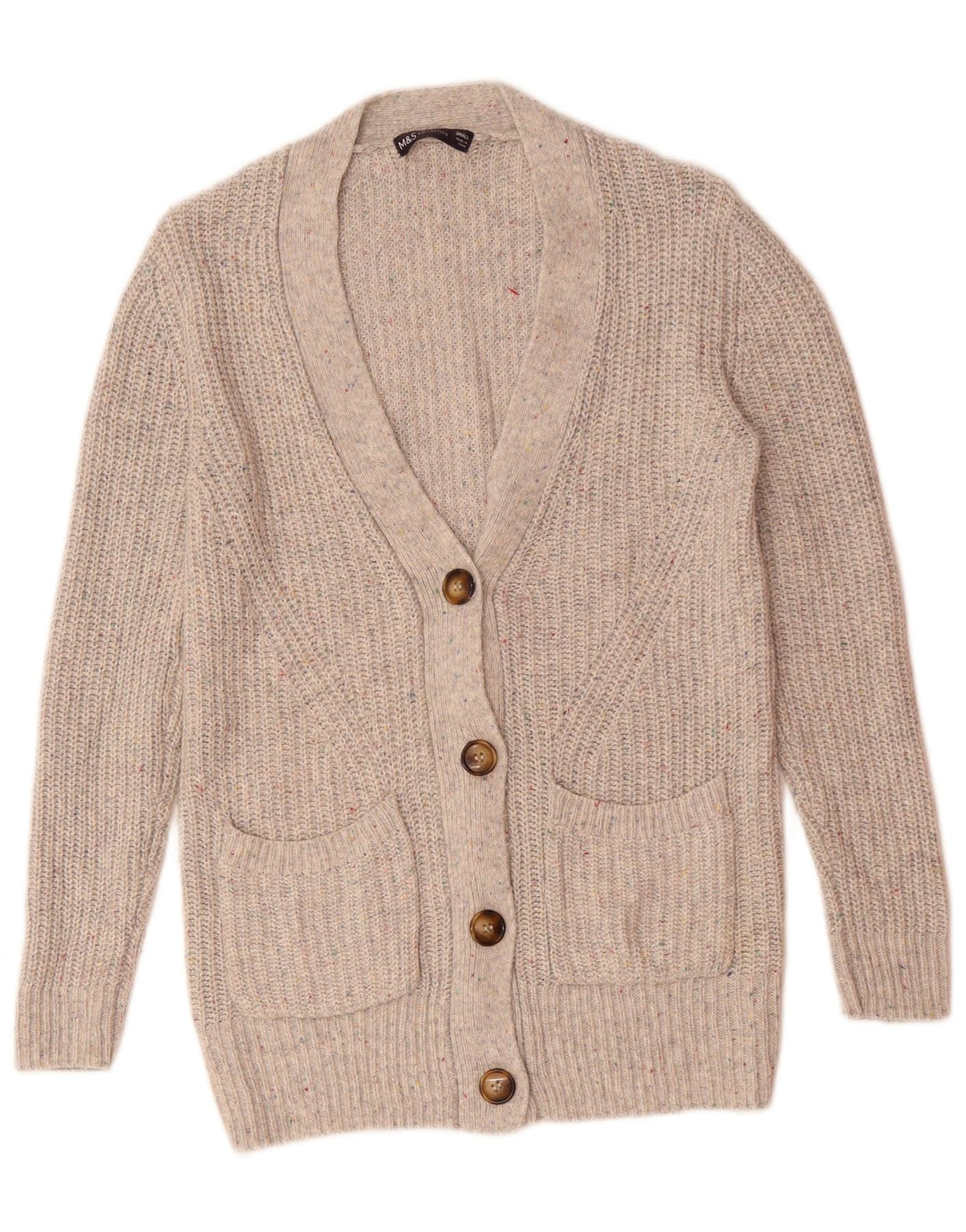Maglione cardigan da donna Marks & Spencer UK 10 piccolo cotone screziato grigio