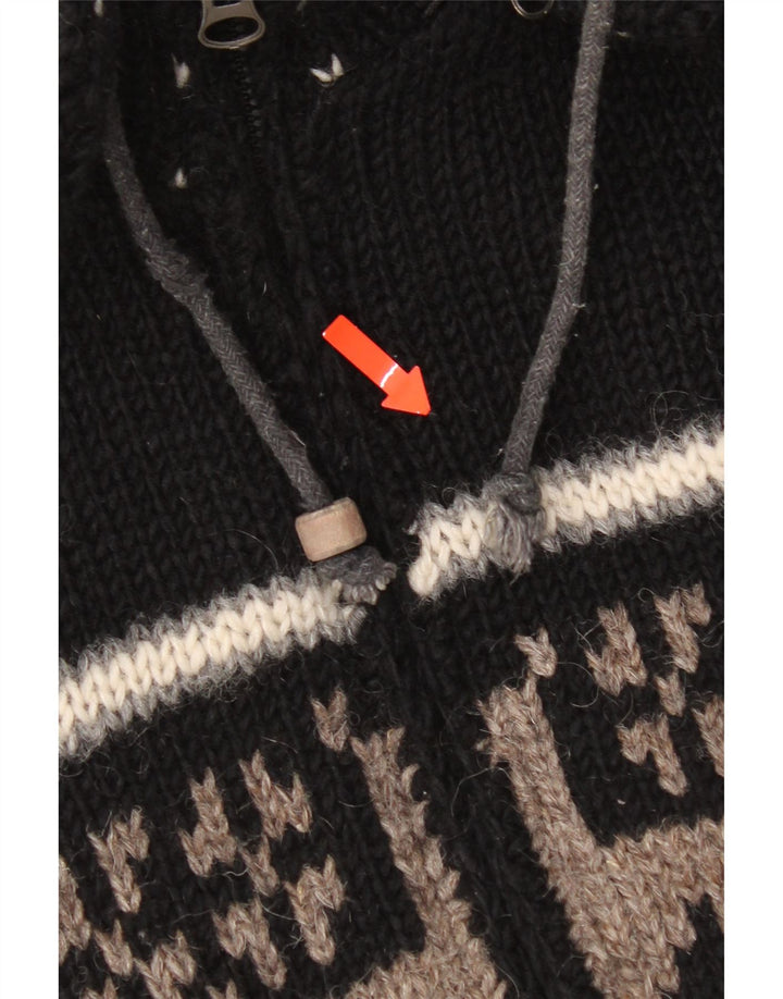 Maglione cardigan con cappuccio da uomo vintage grande lana Fair Isle nera