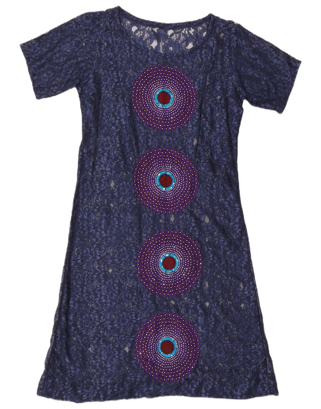 Abito basic in pizzo da donna vintage UK 16 grande blu navy geometrico