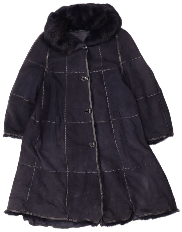 Soprabito vintage in pelle scamosciata da donna EU 42 grande in pelle blu navy