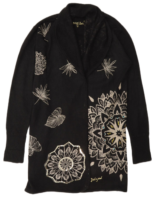 Desigual Donna Maglione Cardigan Lungo Oversize UK 6 XS Nero Floreale