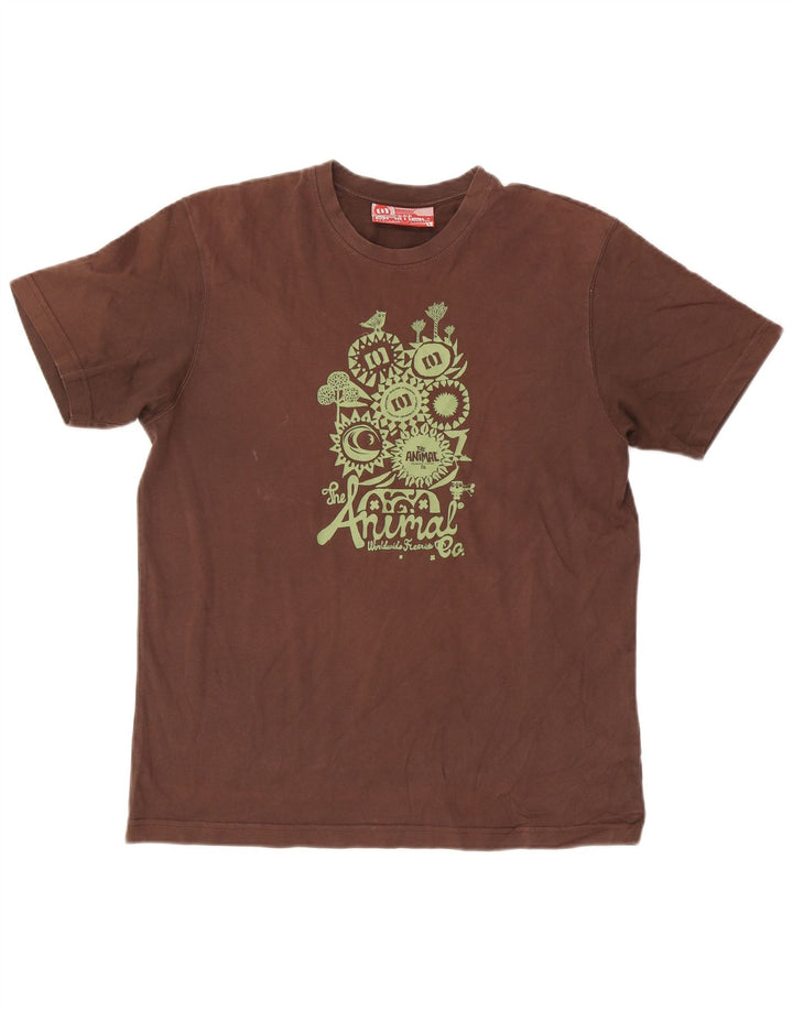 T-shirt grafica da uomo con animali, top grande, in cotone marrone