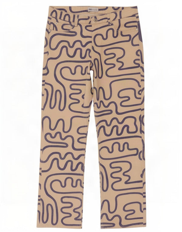 Jeans dritti da donna con motivo astratto Zara EU 44 XL W34 L31 Cotone beige