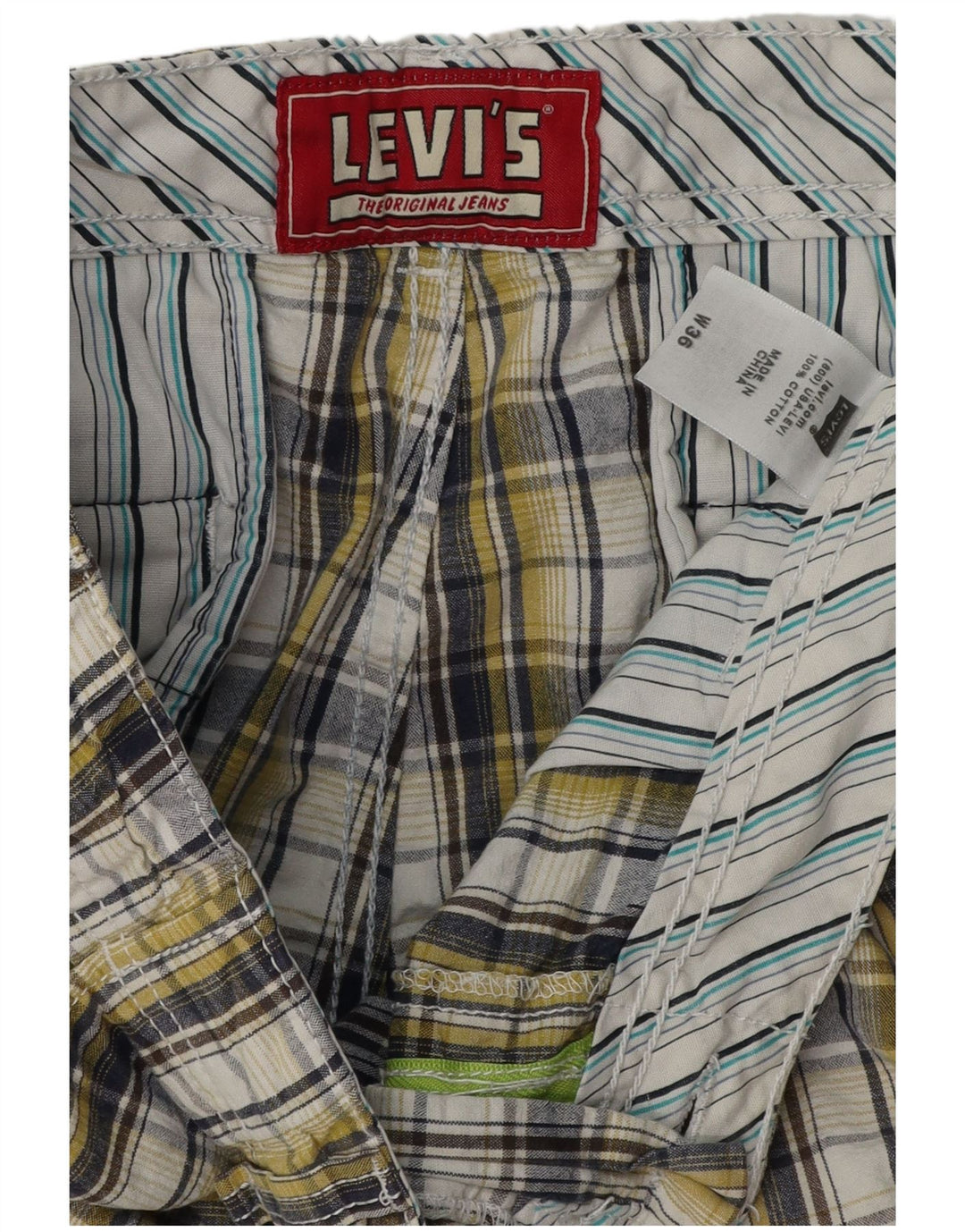 LEVI'S Mens Chino Shorts W36 Large Yellow Check Cotton