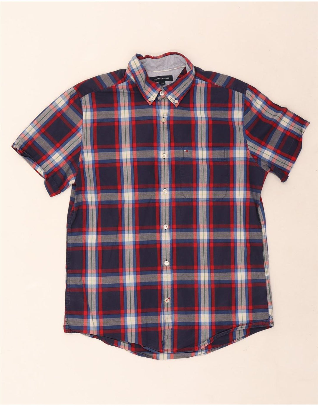 Camicia slim fit a maniche corte da uomo Tommy Hilfiger a quadri blu navy medio