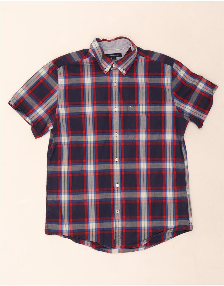 Camicia slim fit a maniche corte da uomo Tommy Hilfiger a quadri blu navy medio
