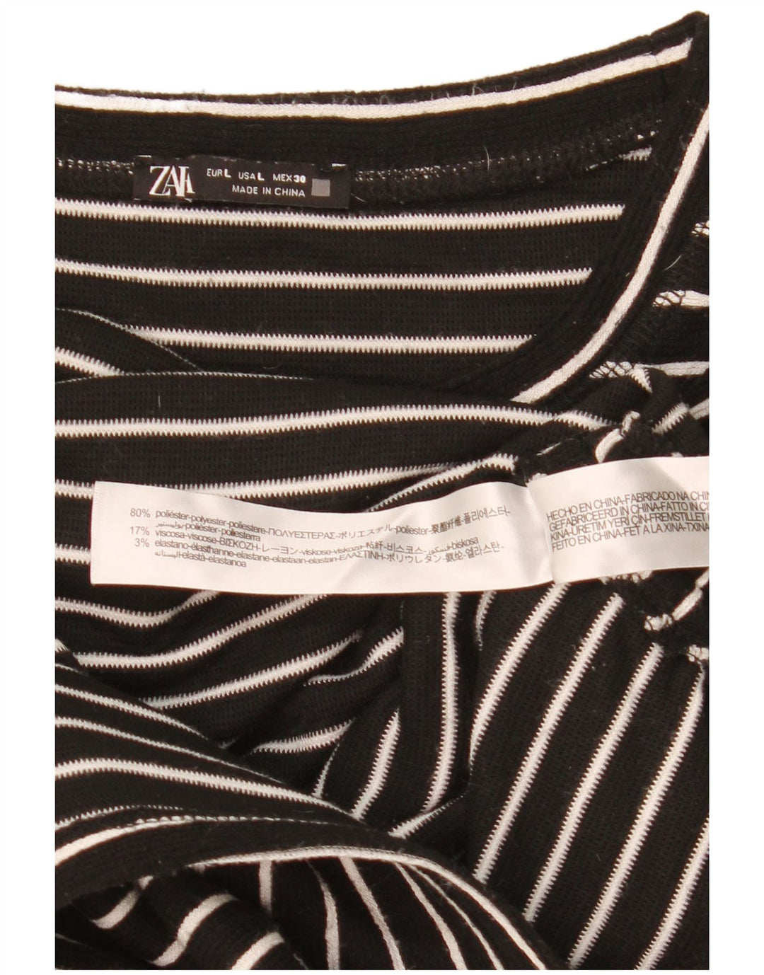 Top corto da donna Zara a maniche lunghe UK 16 grande poliestere a righe nere