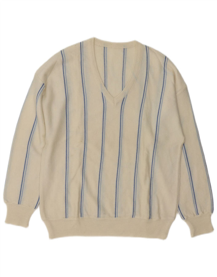 VINTAGE Maglione da uomo con scollo a V a righe medie bianco sporco