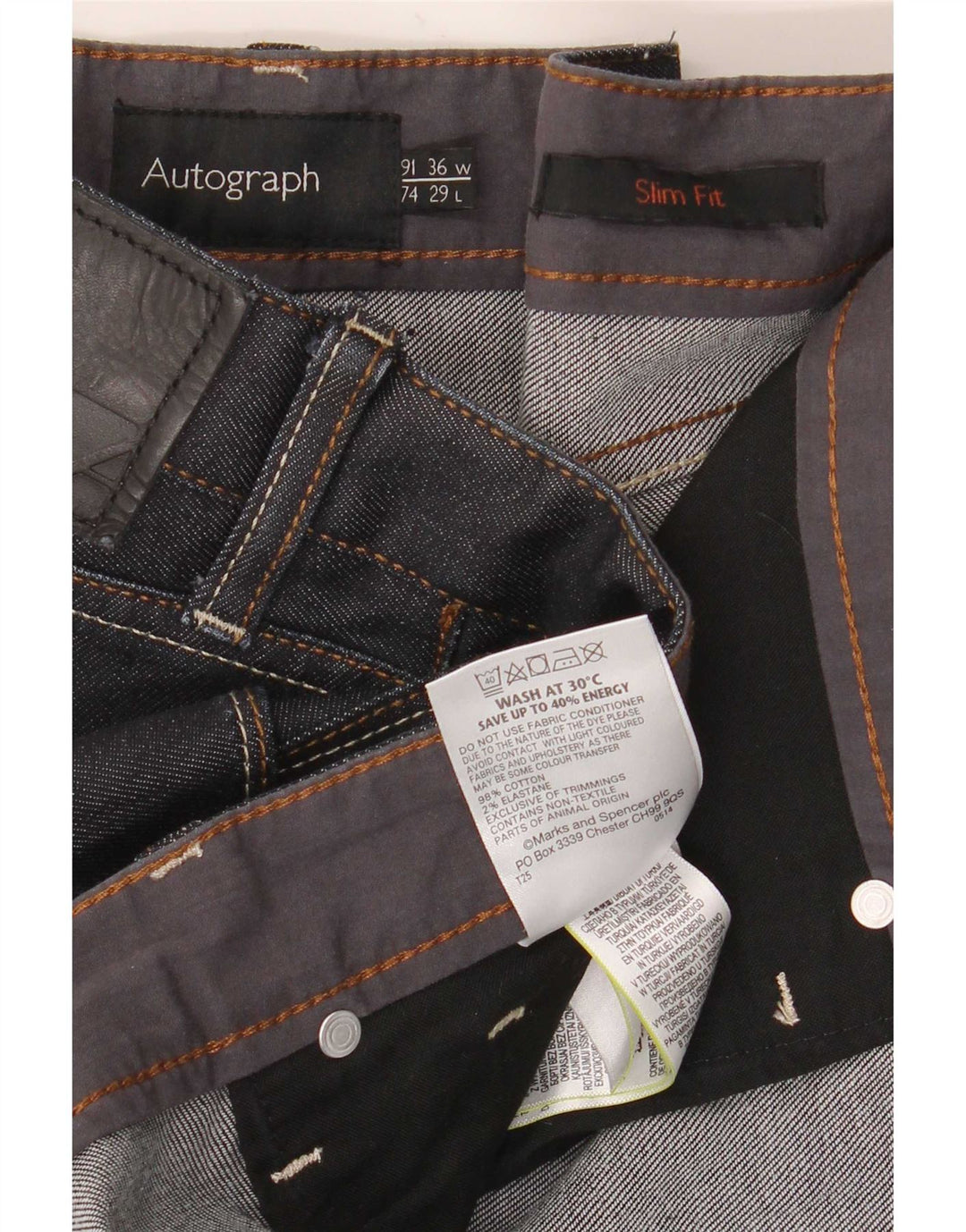 Jeans slim da uomo Marks & Spencer Autograph W36 L29 cotone blu navy
