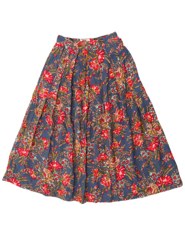 Gonna a trapezio a pieghe a vita alta da donna vintage UK 10 piccola W24 blu floreale