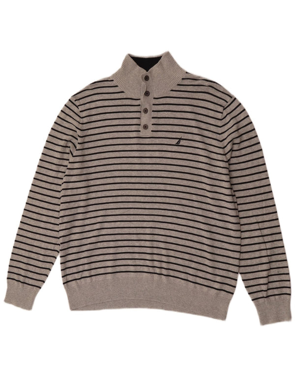 Maglione da uomo Nautica con collo a bottoni, cotone a righe grandi grigie