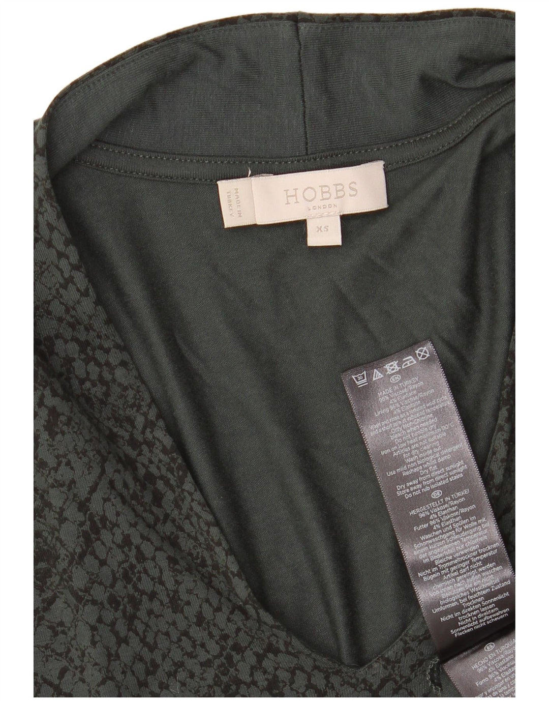 Top da donna HOBBS manica 3/4 UK 6 XS verde viscosa stampa animalier