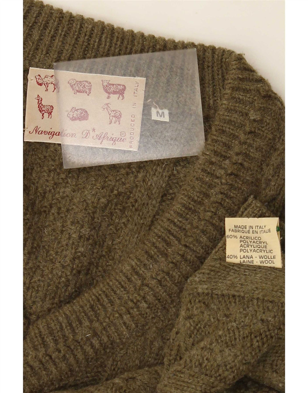 Maglione vintage da uomo con scollo a V, acrilico kaki medio