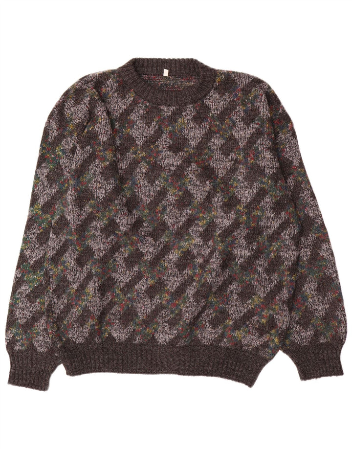 Maglione girocollo da uomo vintage, maglione grande, lana grigia a rombi/diamante