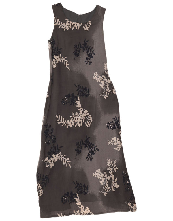Abito lungo senza maniche vintage da donna UK 12 grigio medio floreale