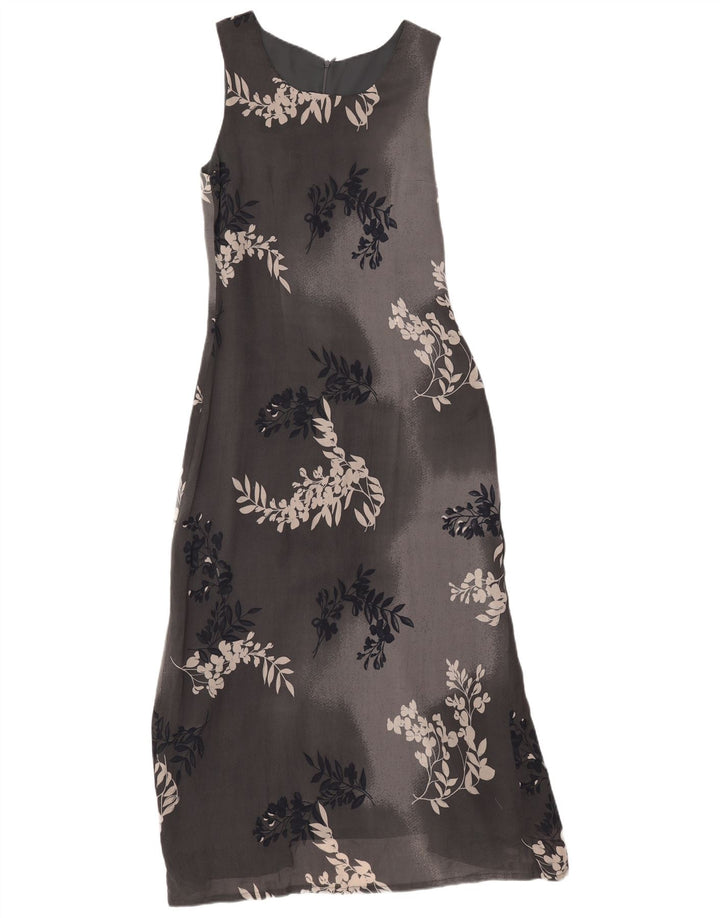 Abito lungo senza maniche vintage da donna UK 12 grigio medio floreale